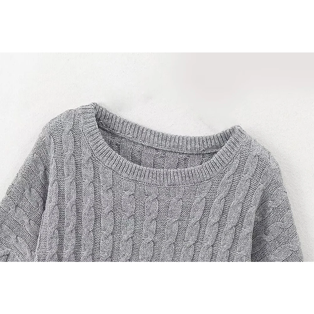 TRAFZA Mode 2024 Solide Grau Lange Hülse Lose Pullover Übergroßen Schal Chic Luxus Schal O Hals Elegante Dame Herbst Pullover