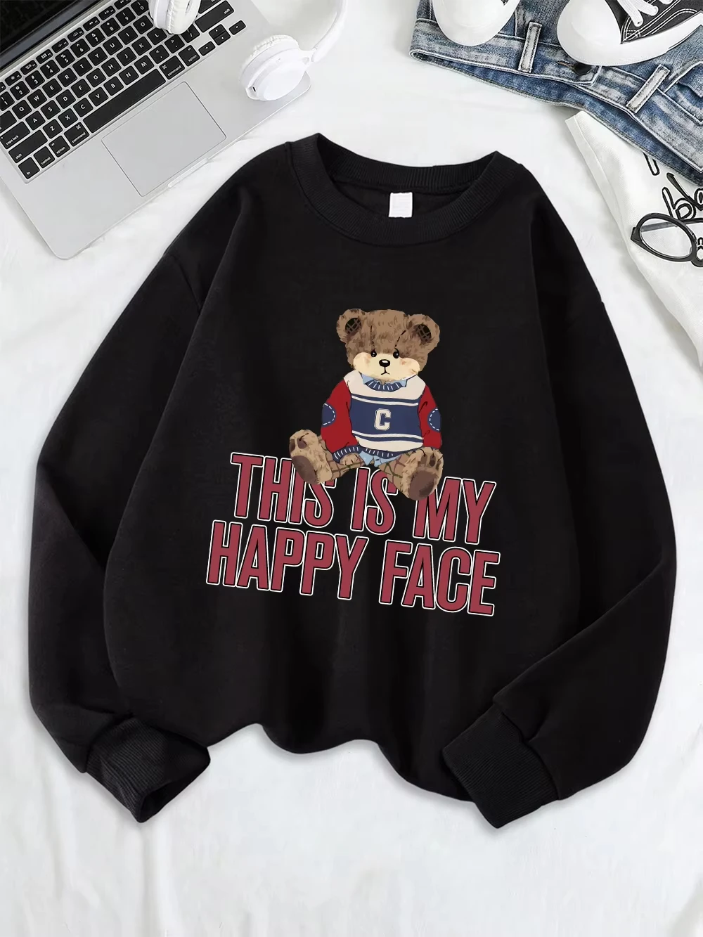 

Толстовки с милым принтом медведя This Is My Happy Face, женские толстовки из мягкого флиса, теплая толстовка с капюшоном, зимний свободный пуловер, повседневная одежда с круглым вырезом