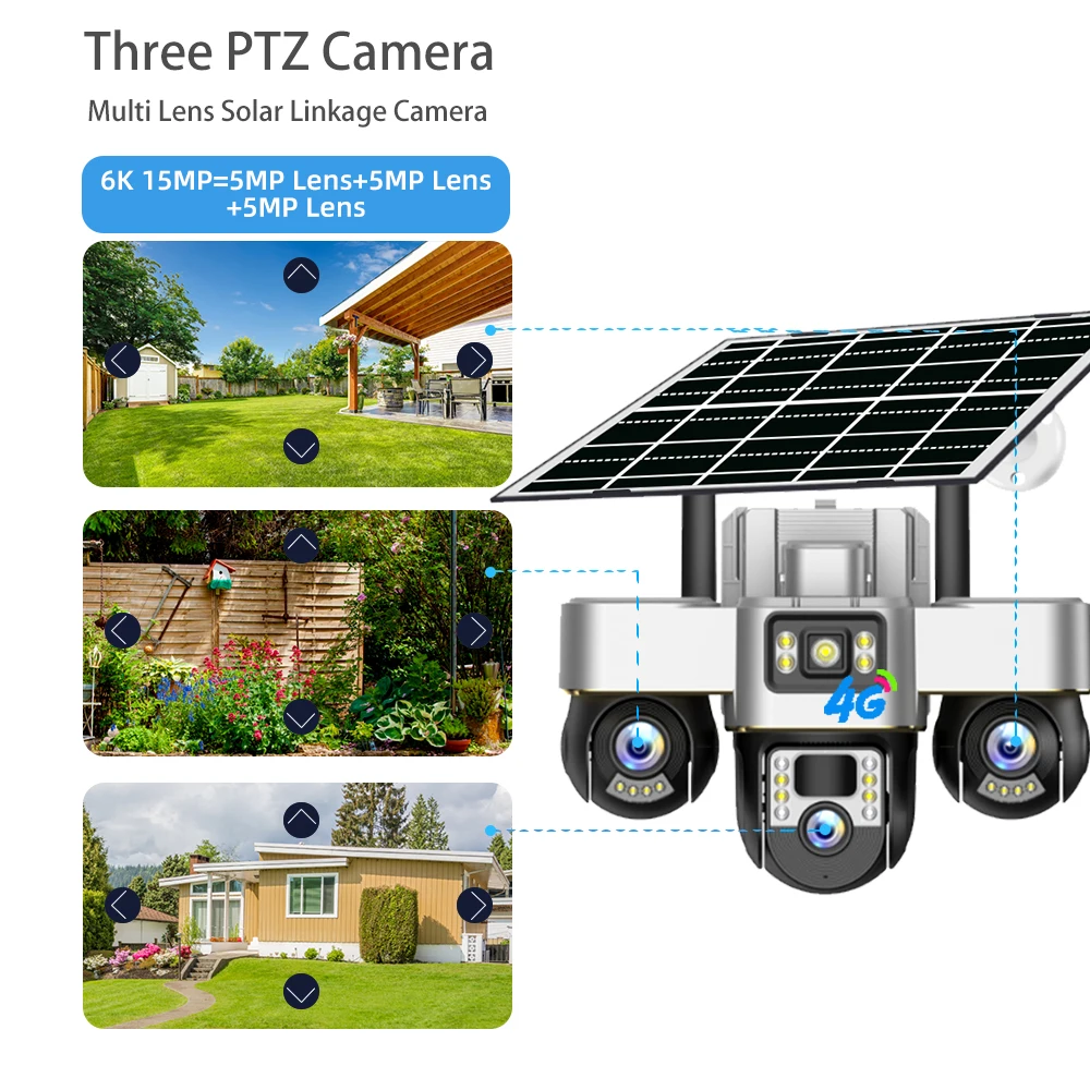 15MP Three PTZ Lens 4G Solar Camera HD Outdoor Waterproof CCTV Color Night Vision Motion Tracking V380 PRO Surveillance