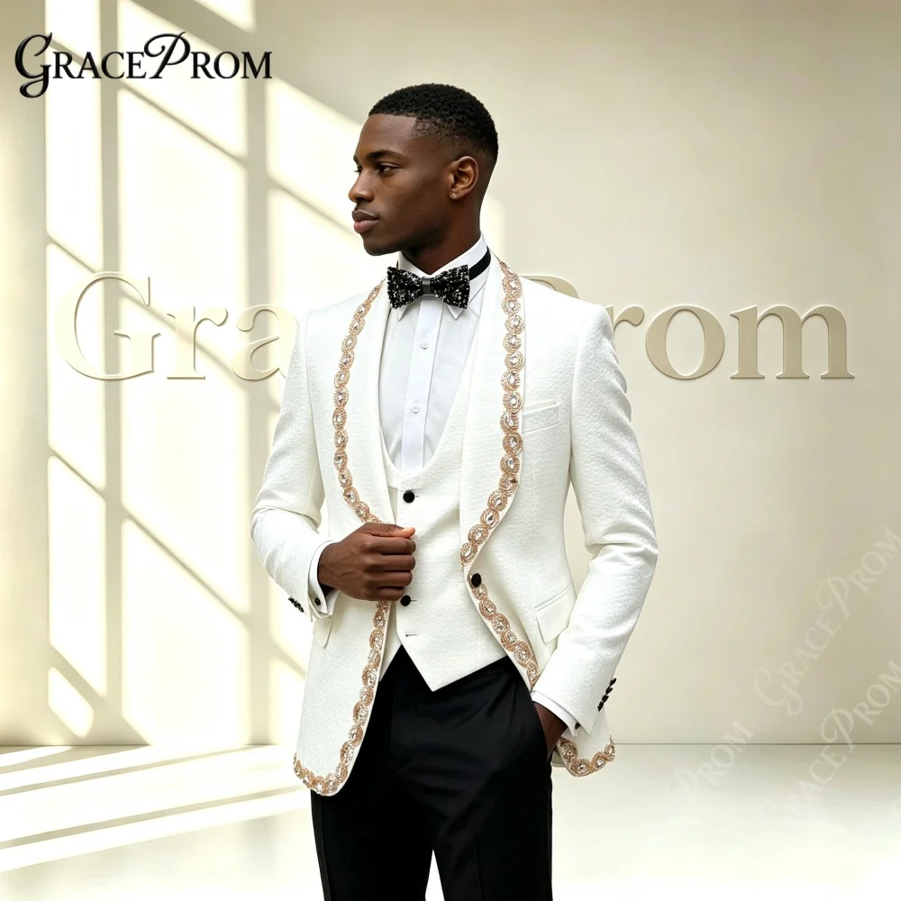 Stylish White Rose Gold Beaded Men's Suit Wear Wedding Groom Sets 2027 Elegant Shawl Lapel 3 Pieces Dancing Suit Set For Men