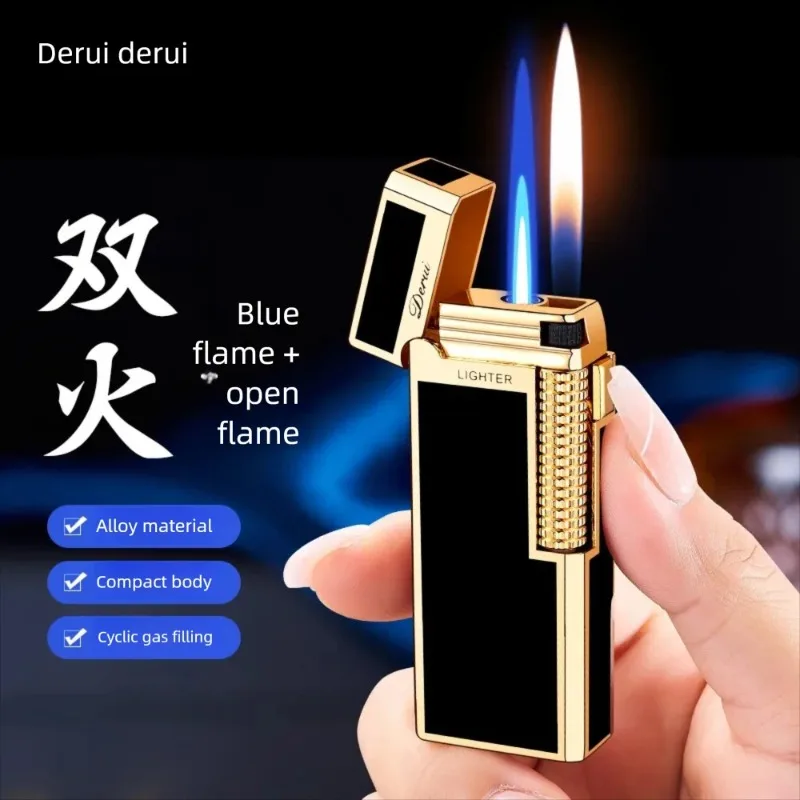 

Газовая зажигалка Derui Exquisite Compact с двойным пламенем и переключателем, высококачественный подарок, металлическая зажигалка с шлифованным колесом для точного регулирования пламени