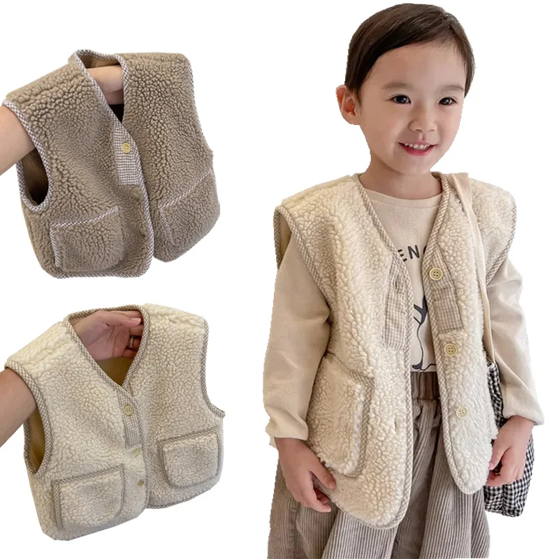 Faux Lamb Wool Baby Vest Coat for Girls Boys Autumn Winter Kids Waistcoat Fleece Warm Korean Casual Children Outerwear Clothes