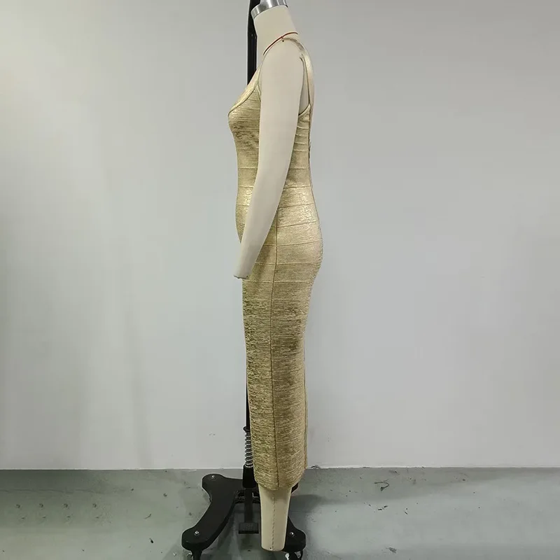 Women's Gold Square Neck Bodycon Bandage Dress Sexy Sleeveless Low Cut Backless Long Evening Party Cocktail Gown Fashion Style - view 5