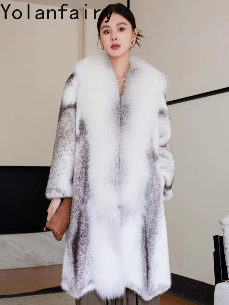 YOLANFAIRY haut de gamme entier croix veste de fourrure de vison pour les femmes hiver mi-long chaud manteau de fourrure naturelle femme col de fourrure de renard vêtements d'extérieur