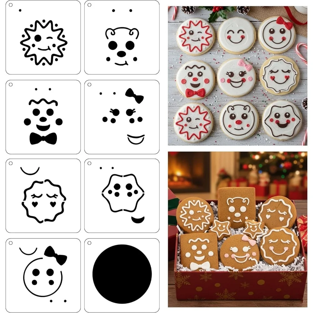 8 Plantillas de Dibujos Animados de Osos y Muñecos de Nieve para Rociar, Plantillas de Expresiones de PET para Decoración de Pasteles y Galletas de Navidad