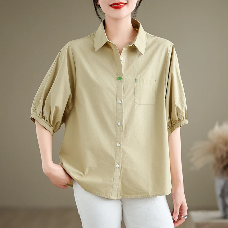 

Summer Women's Loose Svel irt Design Sensation Small ence Large Size Collar Cotton Polyester Blend Top