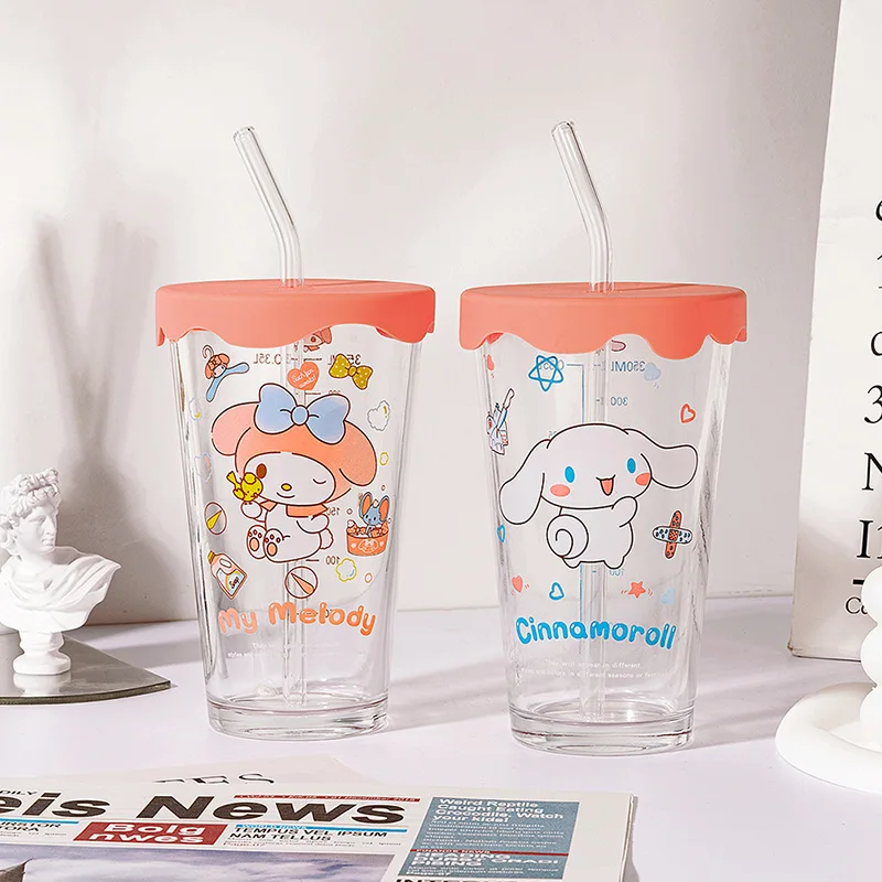 Kawaii Sanrio Straw Cup Hellokittys Kuromi Cinnamoroll Mymelody Anime Cartoon Glass Cup Coffee Cup Milk Tea Cup Kids Toy Gifts