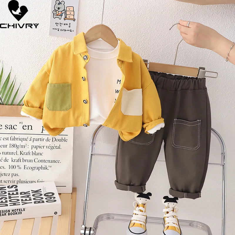 New Kids Baby Autumn Fashion Contrast Color Pocket Lapel Jacket Sweatshirt with Pants Boys Fashion Three-piece Clothing Sets