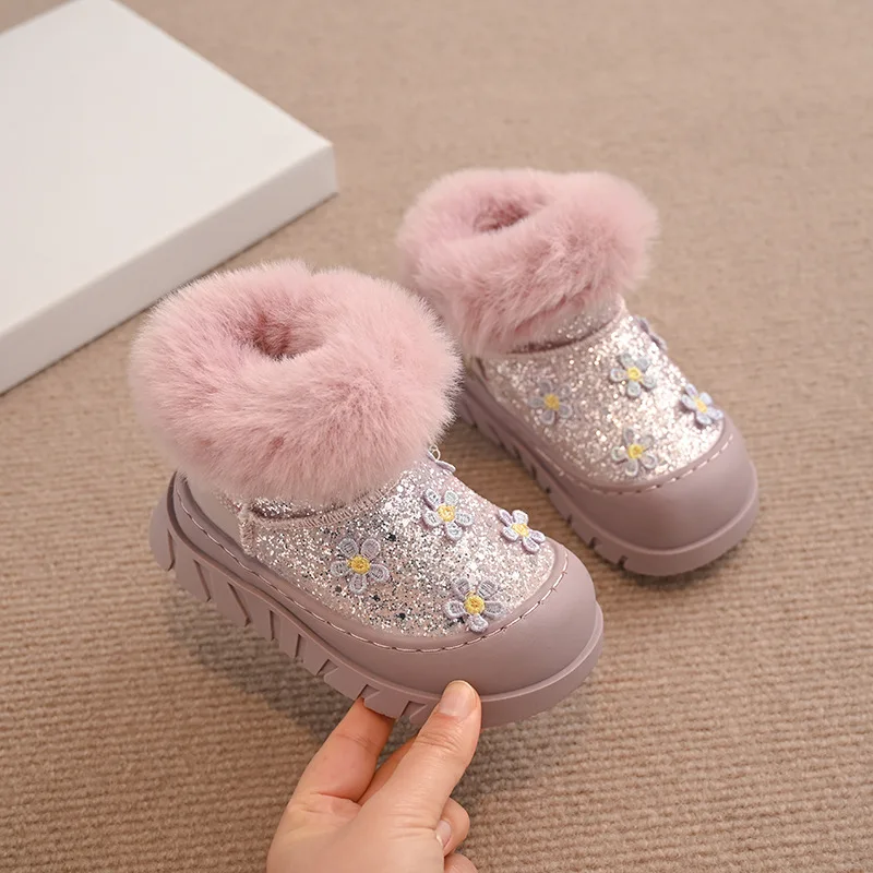 Fashion Girl Princess Sequined Snow Boots 2025winter New Kids Thick Soled Ankle Boots Simple Versatile Girls Casual Cotton Shoes