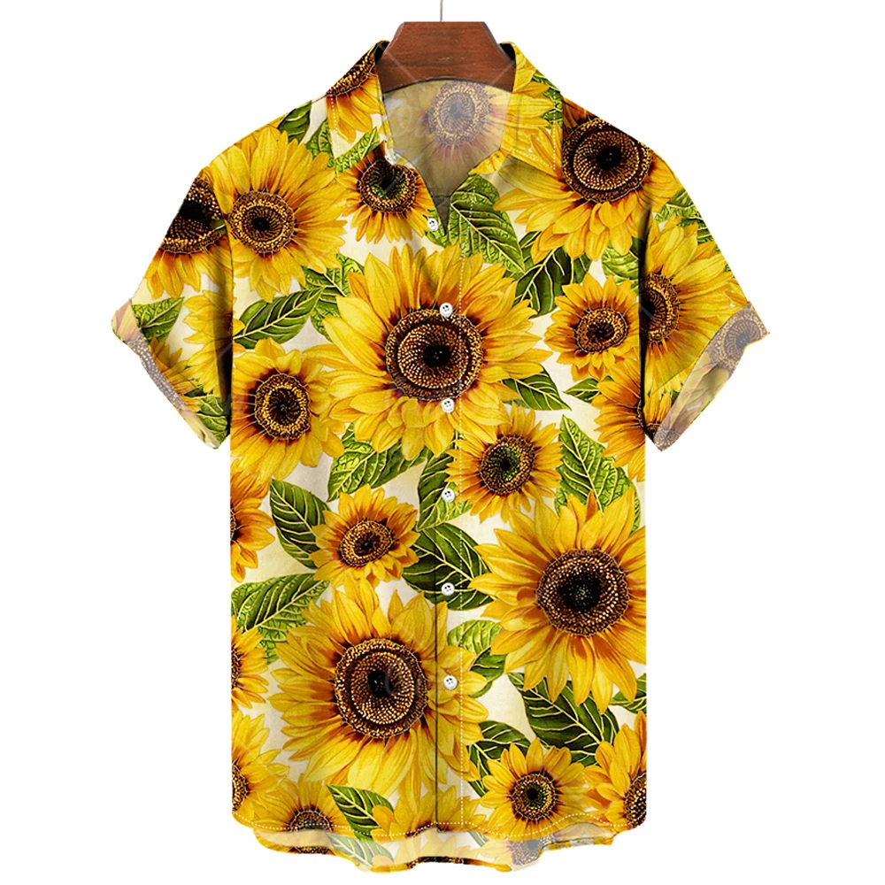 Hawaiian Men\'s Shirts 2023 Sunflower Sunshine Print Lapel For Men Fashion Short Sleeve Tops Loose Oversized Clothing