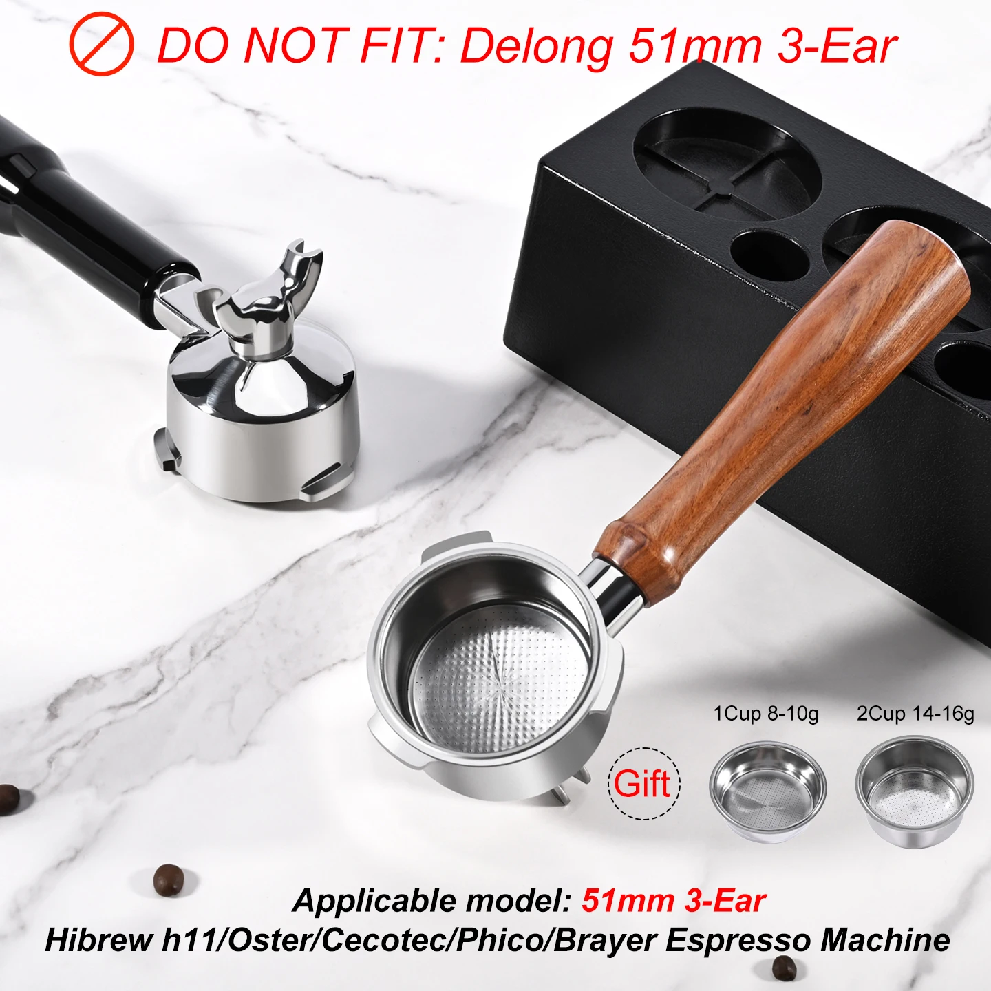 Portafiltro de café de 51mm y 3 orejas, doble boquilla para máquina de café expreso Homix H11 Oster Cecotec Hibrew, herramienta de filtro de acero inoxidable