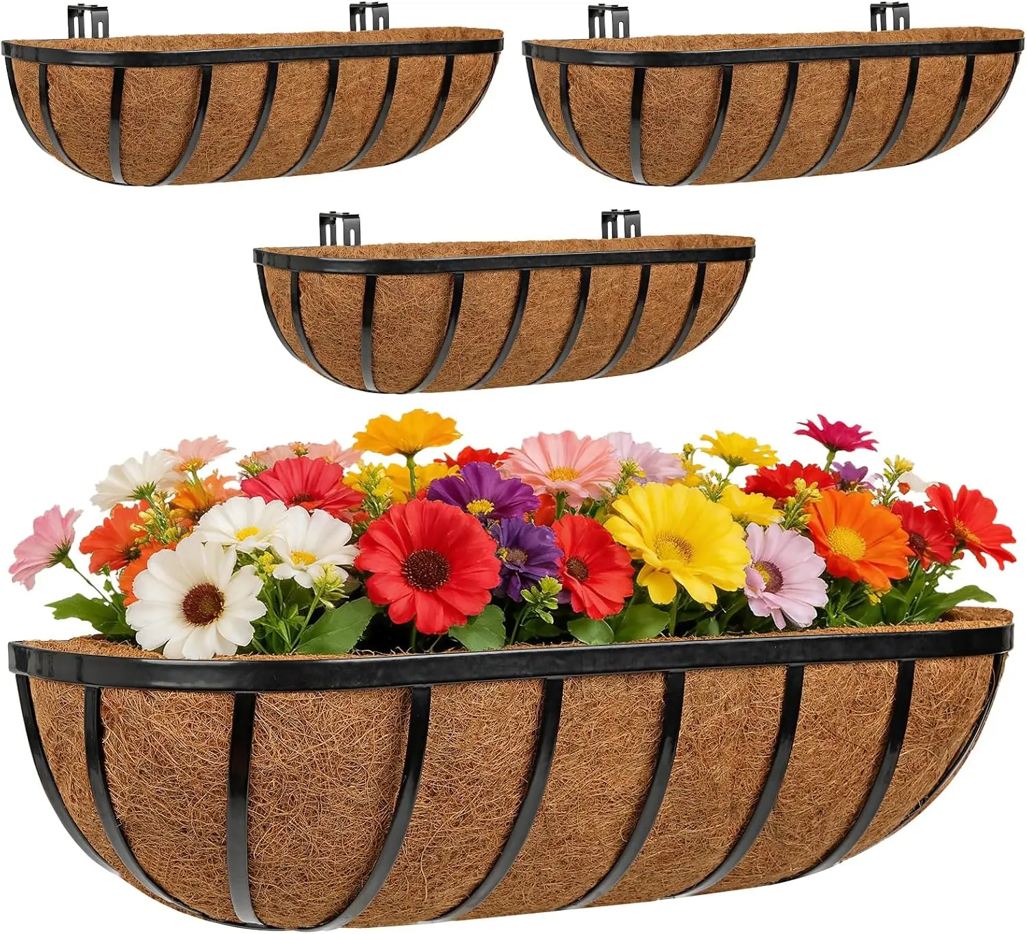 24-Inch Railing Planter Boxes, 4-Pack Black Window Box Planters with Adjustable Hanging Brackets and Coco Liners for Outdoor Plants, Balcony Deck Porch Patio Garden Decor.