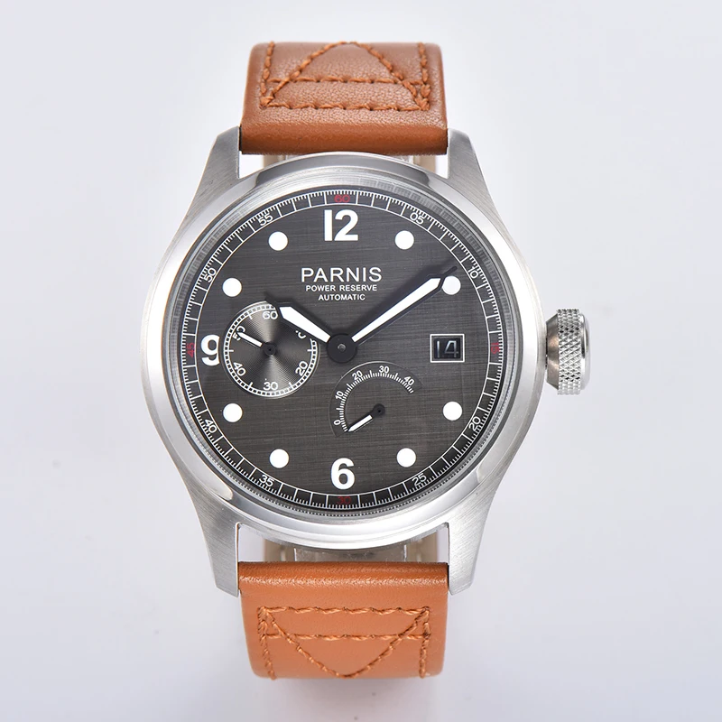 Parnis 46.5mm Black Dial Automatic Men Watch Silver Case Power Reserve Calendar Mechanical Men's Watches
