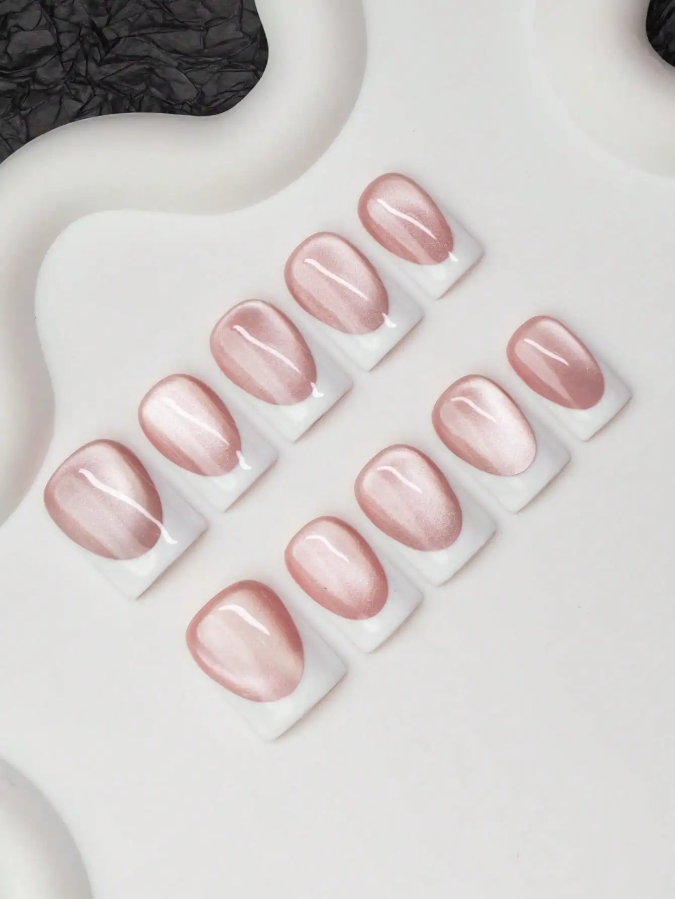 

10pcs/Set Square Shaped Handmade Nail Tips, Y2K Baddie Style, Nude & White Color With French Tips And Cat Eye Design, Suitable F