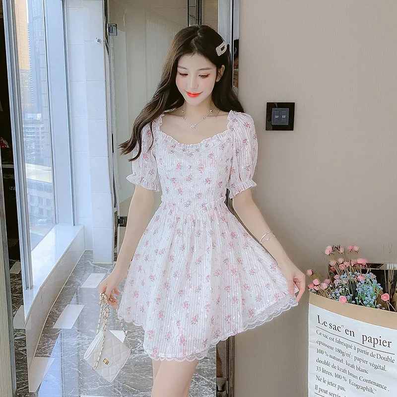 

Women Pink Floral Romantic Dress Sweet Ruffle Design Square Neck Print Mini Dreses For Women Summer Fairy Vestidos de fiesta