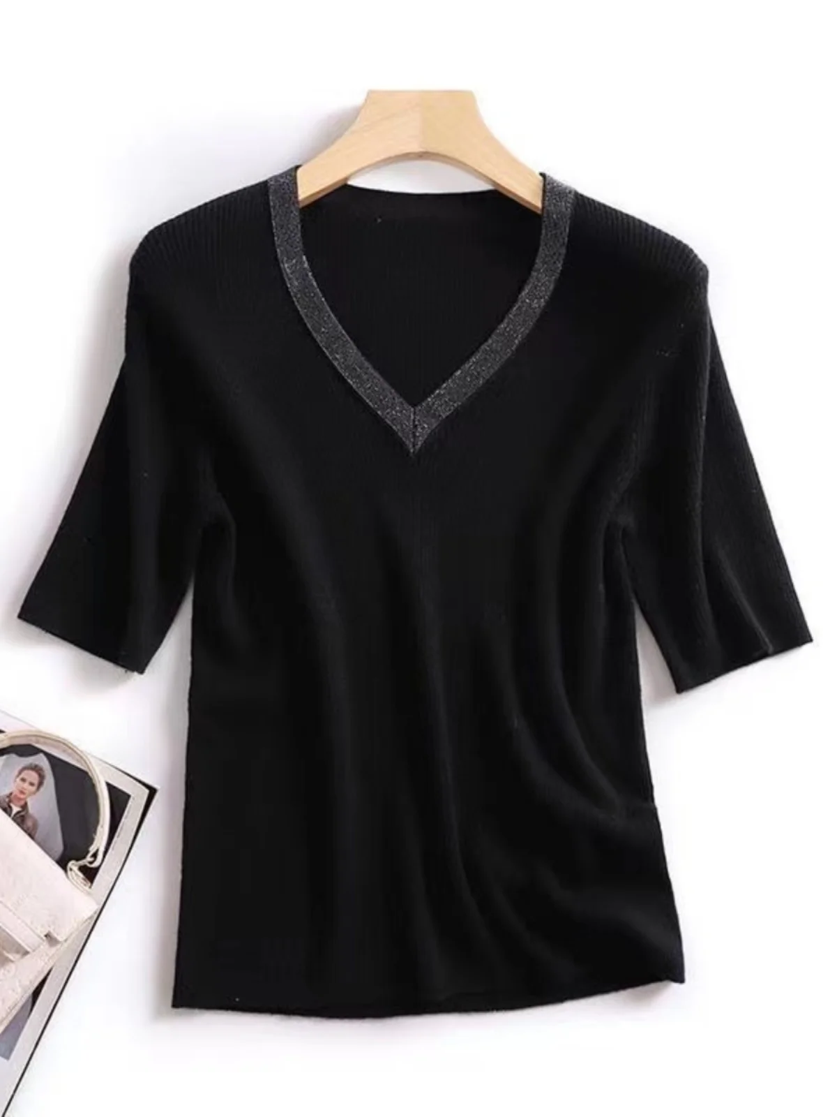 

Summer New Casual Lazy Sle Color plus Size V-Ne ort Sve Women's Ice Silk Knitted Sweater Comfortable Loose Fit