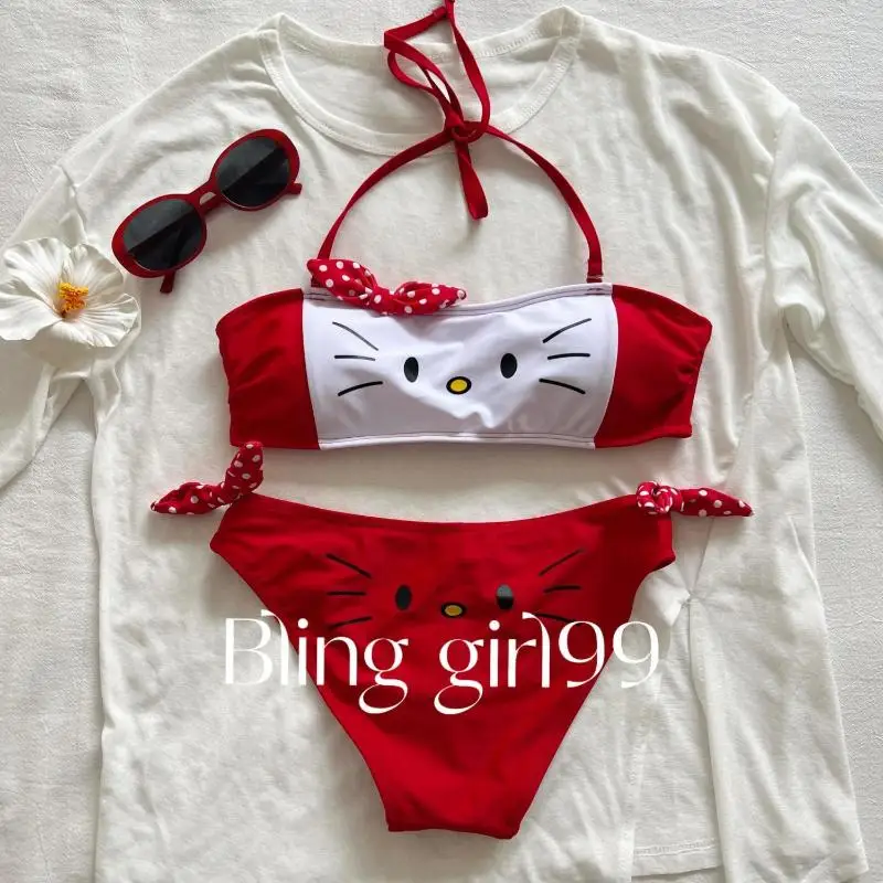 سانريو ملابس السباحة مرحبا كيتي مثير بيكيني Ins نمط Kawaii فتاة خنزير صغير الثدي مثلث زي سباحة من قطعتين الساخن الفتيات جزيرة الطيران