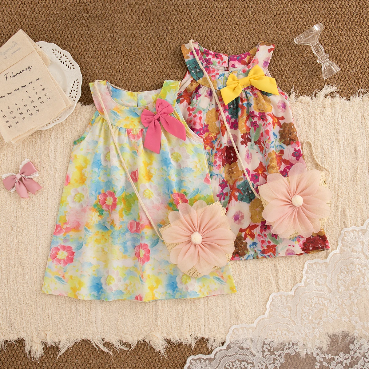 

Summer New Beach Party Baby Girl Dress, Sweet Bow Children'S Sleeveless Clothes With Free Flower Bag (6 Months -3 Years Old)