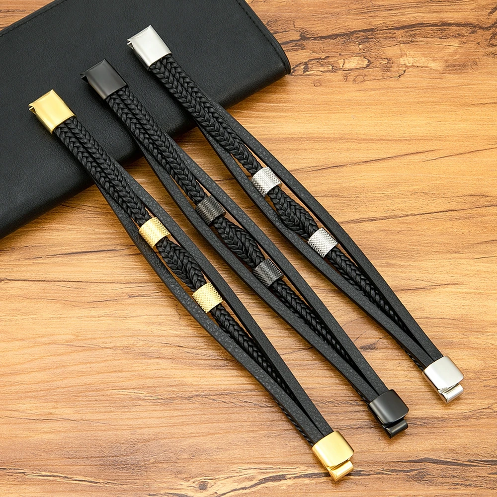 TYO-جلد طبيعي المنسوجة سوار للرجال ، Vintage سوار حلية ، الفولاذ المقاوم للصدأ ، المغناطيس مشبك ، الجملة الإكسسوارات ، دروبشيبينغ