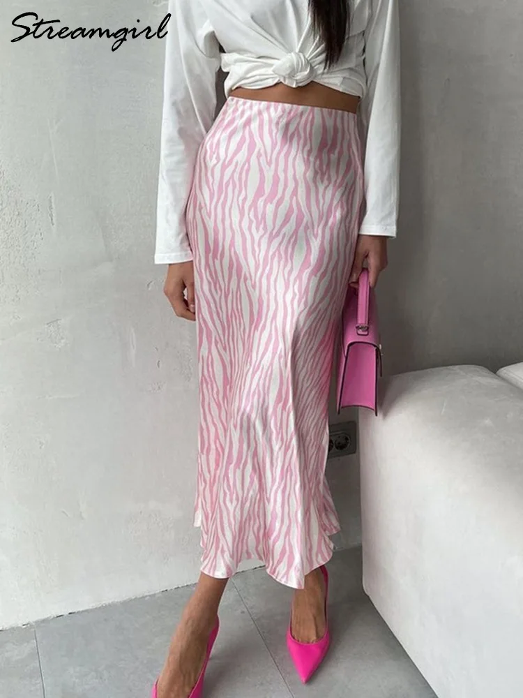 Streamgirl Elegant A Line Maxi Satin Skirt For Women Office Fish Tail Leopard Print Skirt Long Pink Skirts Women Summer 2023