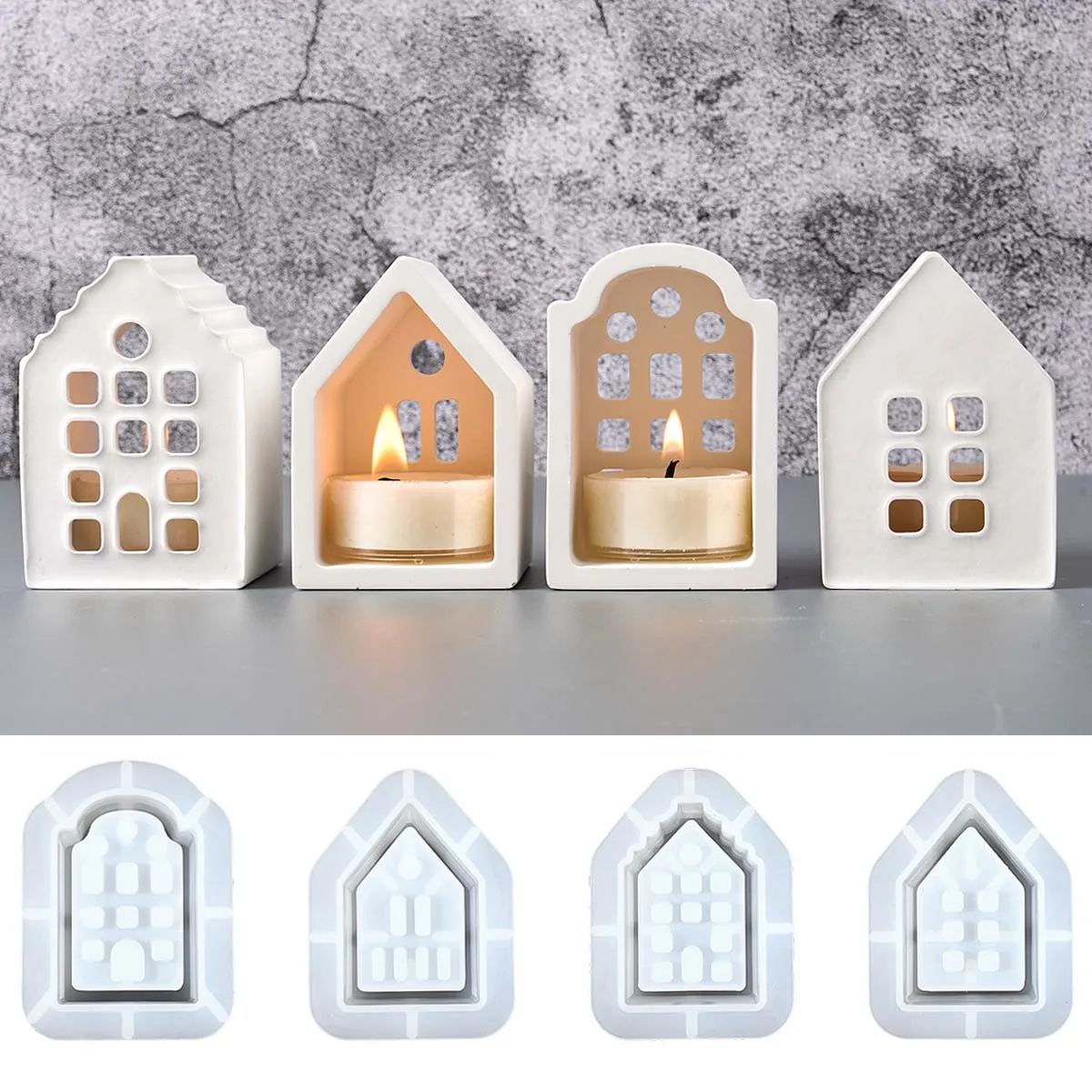 Hollow House Candle Holder Silicone Mold DIY Houses Tea light Candlestick Cement Molds Plaster Resin Craft Making Home Decor