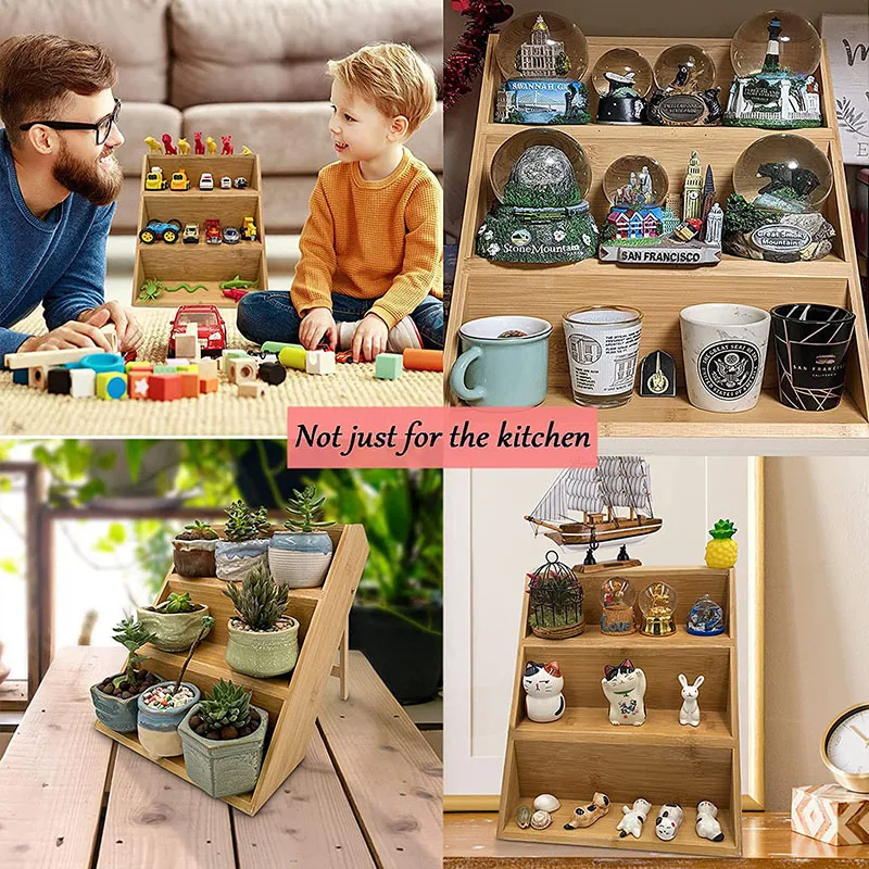 3 Step Bamboo Display Riser Rack Organizer Desktop Wooden Shelf Stand for Product Showcase Storage Supplies Pallet Style