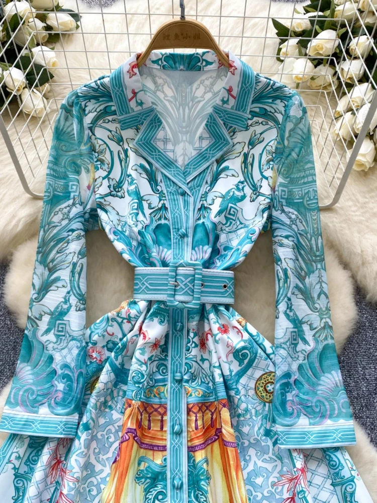 Maxi Belt Dresses for Women Korean Vintage Robe Femme 2024 Vestidos De Mujer Turn Down Collar Floral Bohemian Autumn Dress WJ