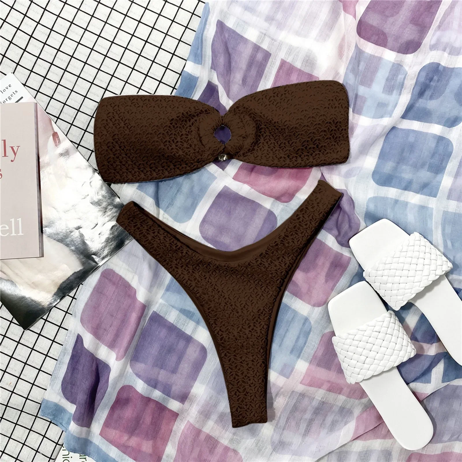 أزياء العصابة بلون ملابس السباحة مشبك جوفاء مثير منخفضة الخصر منفصلة قطعتين بيكيني الاستوائية الصيف ملابس الشاطئ