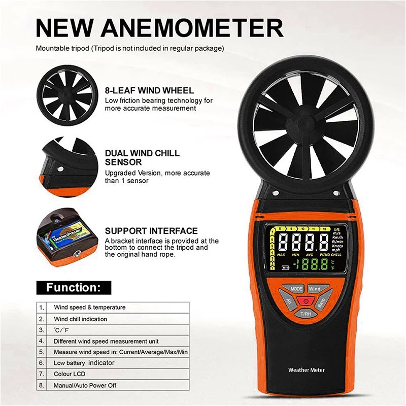 Misuratore di anemometro digitale misuratore di velocità del flusso d\'aria misura temperatura, umidità, altitudine per HVAC CFM Climbing BTMETER