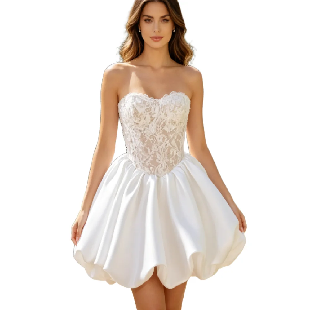 Boho Mini Wedding Dress Strapless Scalloped Sweetheart Lace Bodice Puffy Satin Bubble Skirt Short Bridal Dress For Engagement