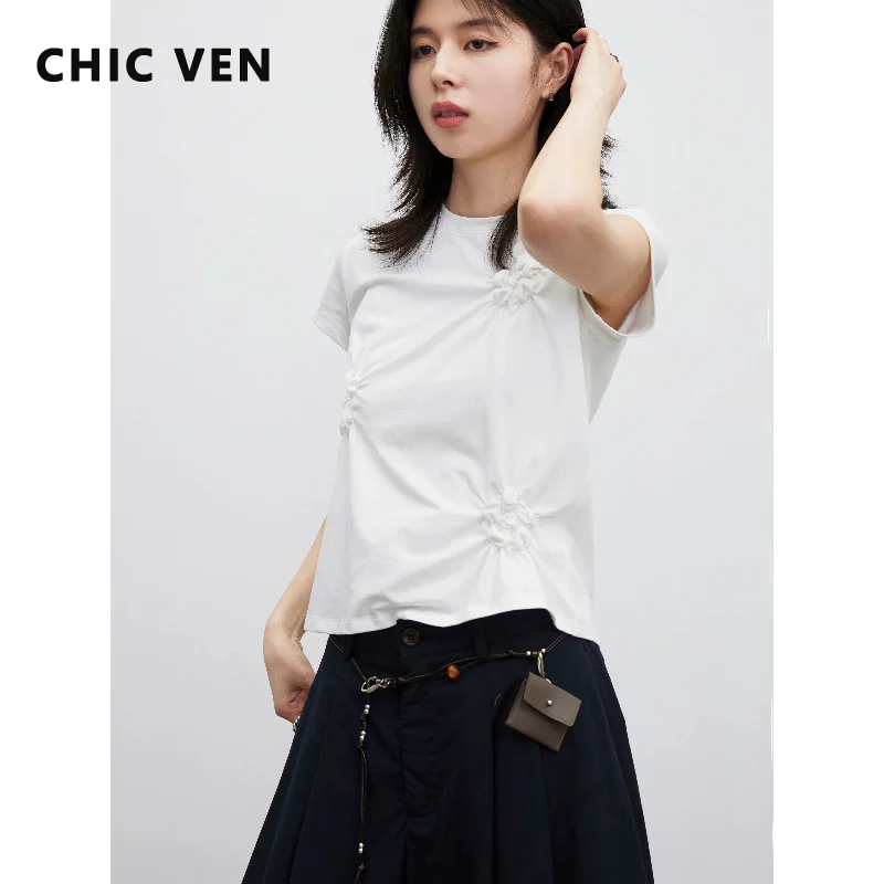CHIC VEN Fashion Women T-Shirts Solid Three-dimensional Flower Pleated O Neck Short Sleeved Tees Slim Short Top Summer 2026