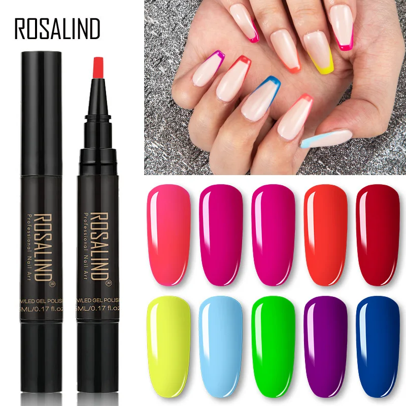 ROSALIND Fluorescent Nail Pen Semiperment Gel Varnishes Hybrid Top Base Coat Pen French Gel Polishes for Easy use