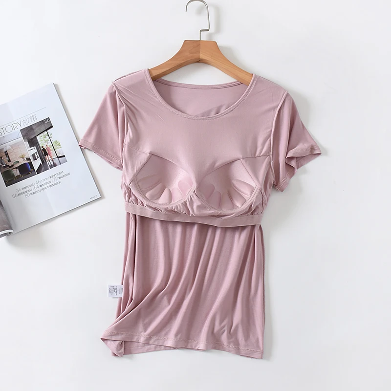 Modal Ladies Summer Thin Short Sleeve T-Shirt with Chest Pad No Bra Casual Summer Sports Top Outdoor Wear Comfortable round Neck