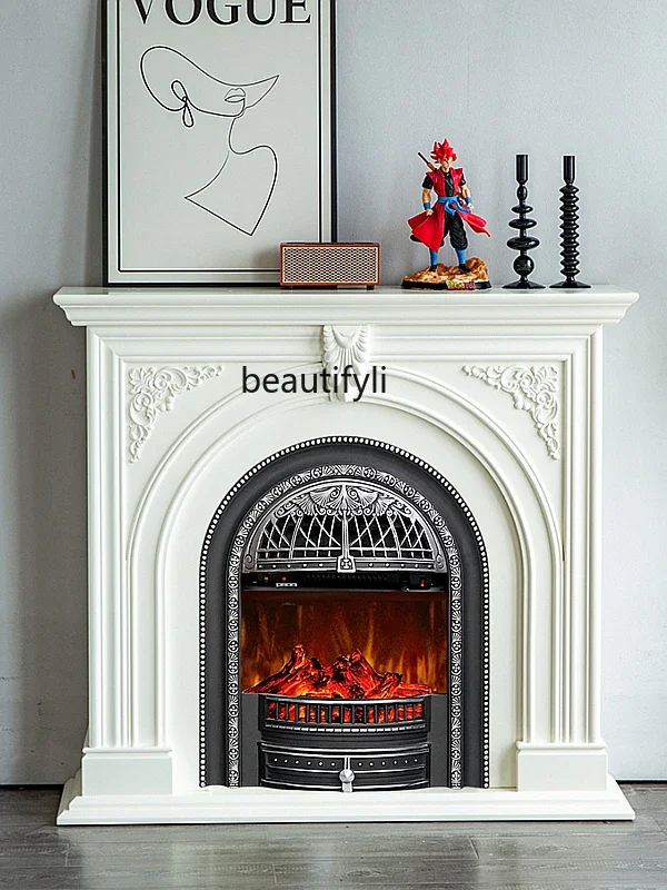 

French Solid Wood Fireplace Mantel Modern Minimalist Entrance Cabinet European Simulation Flame Fireplace Cabinet Curio Cabinet