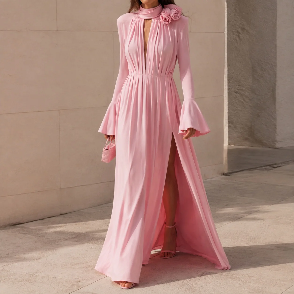 Loose Fit Seam Gown Mid Waist Elegant and Refined with Floral Embellishment Long Sleeve Asymmetrical Hem Dress Summer for Women