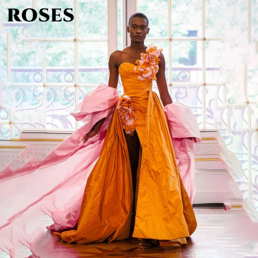 

ROSES Orange Color Elegant Prom Dress Sweetheart Backless Evening Dress 3D-Flowers Side Split Formal Gown robe soirée Customized