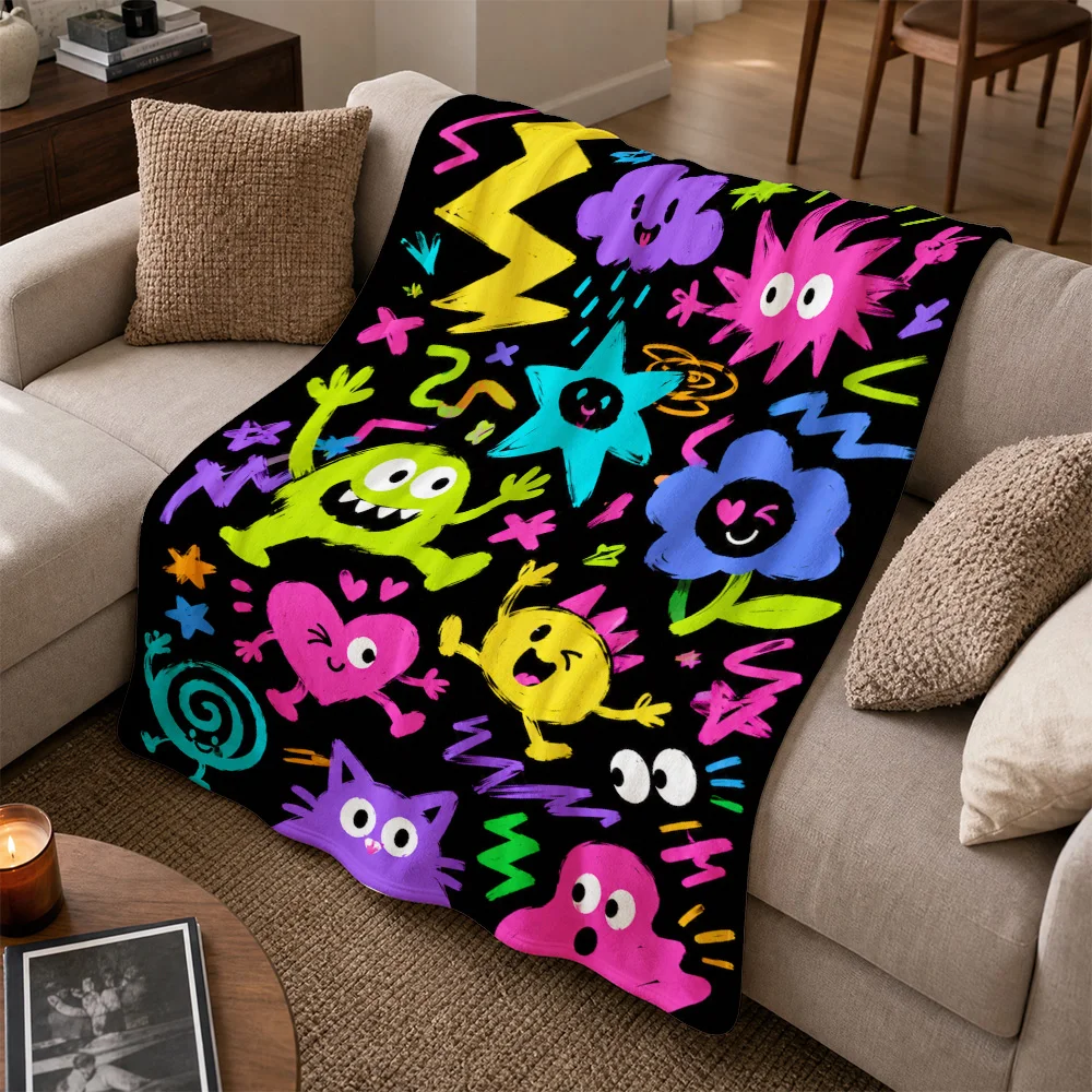 Vibrant Pop Art Cartoon Throw Blanket Sofa Cozy Throw for Living Room Home Decor Kids Nap Mat Graffiti Style Colorful Design