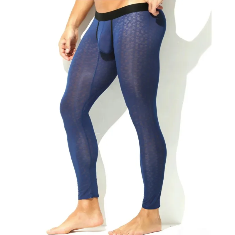 Men's Leggings Tight Ultra-thin Elastic Ice Silk Transparent Fitness Pants Sexy Lace Hollow Out Low-Waist Sheer Long Johns