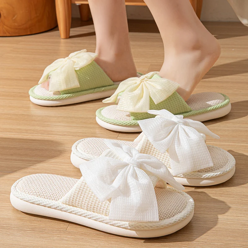 Fashion Big Bowknot Indoor Home Slippers for Women Autumn Winter 2024 Comfortable Soft Sole Non Slip Linen Floor Slippers Woman