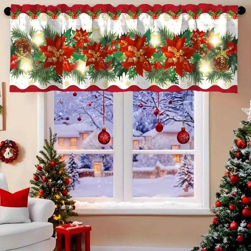 VIKAMA White Red Border Poinsettia Pinecone Garland Scallop Christmas Short Window Curtain Elegant Floral Holiday Home Decor