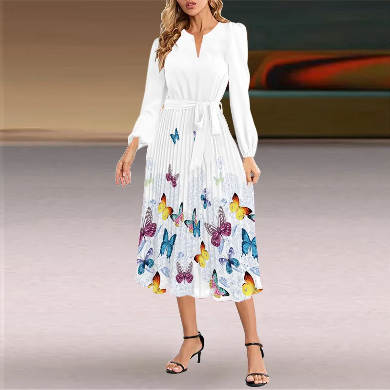 2023 Autumn and Winter New Women's Clothing Foreign Trade TemperamentSwing Pleated Dress Europe and America