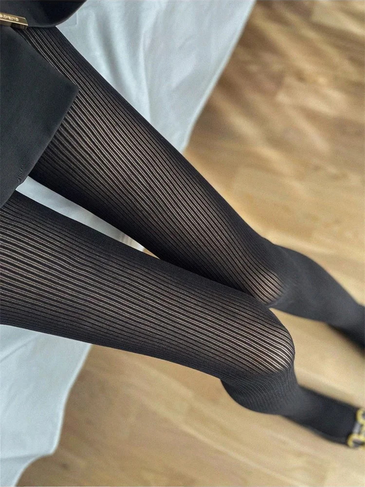 Tossy Knit Ribbed Pantyhose Women Sexy See-Through Stockings Black Striped Lace Tights For Women Skinny Leggings Pantyhose New