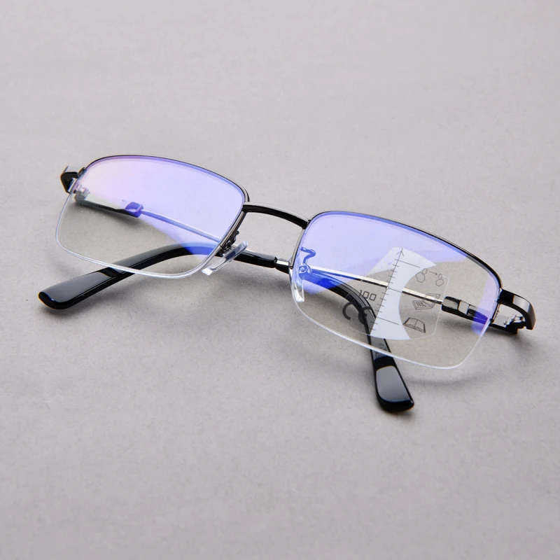 Nah- und Fern-Multifokalbrille für Herren, Unisex, Anti-Blaulicht-Lesebrille, Metail-Halbrahmen, ultraleicht, Hyperopie bis +4,0