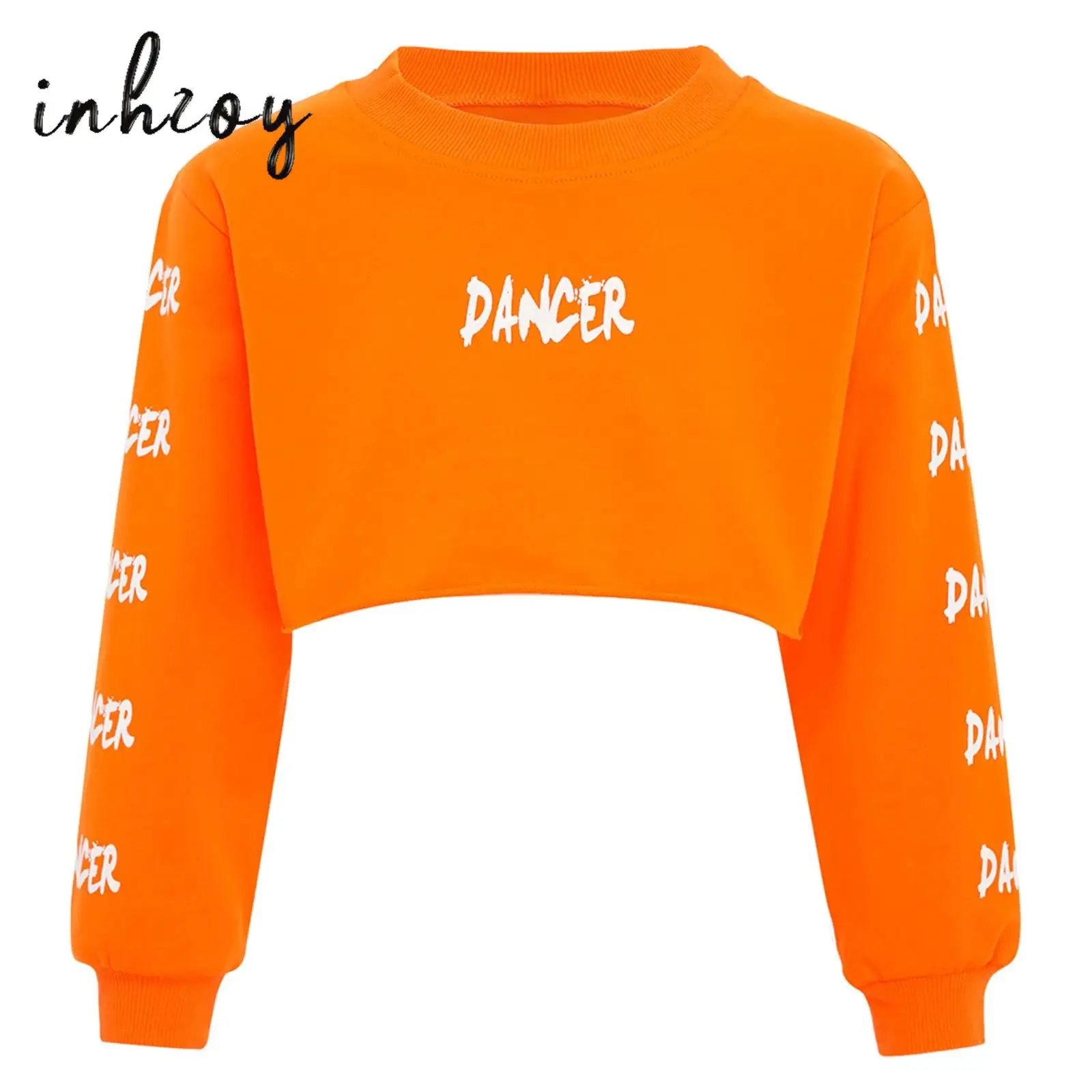 

Kids Girls Hip-Hop Jazz Dance Crop Top Spring Autumn Round Neck Long Sleeve Letter Printed Top Sweatshirt Fashion Streetwear
