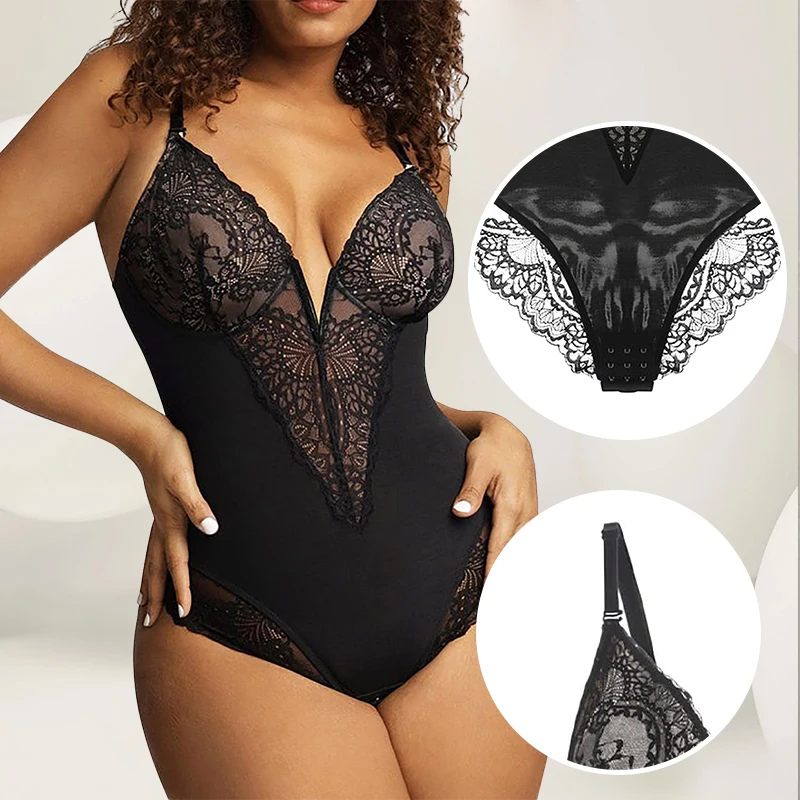 Women\'s Shaped Underwear Breathable Strap Tight Bodysuit Women\'s V-Neck Lace Edge Half Lace up Bodysuit Back Support Bodysuit