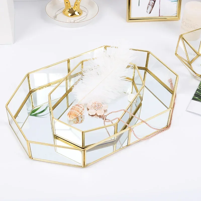 Home Kitchen Storage Glass Storage Tray Golden Tray Simple Jewelry Cosmetic Decoration Retro Copper Tea Storage Trays