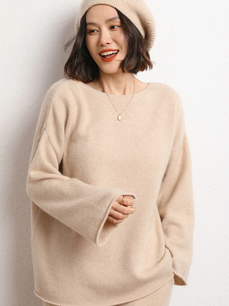 

TLOML Women 100% Cashmere Sweater Slash neck Pullover Autumn Winter Basic Solid Cashmere Knitwear Soft Warm Cashmere Loose Tops