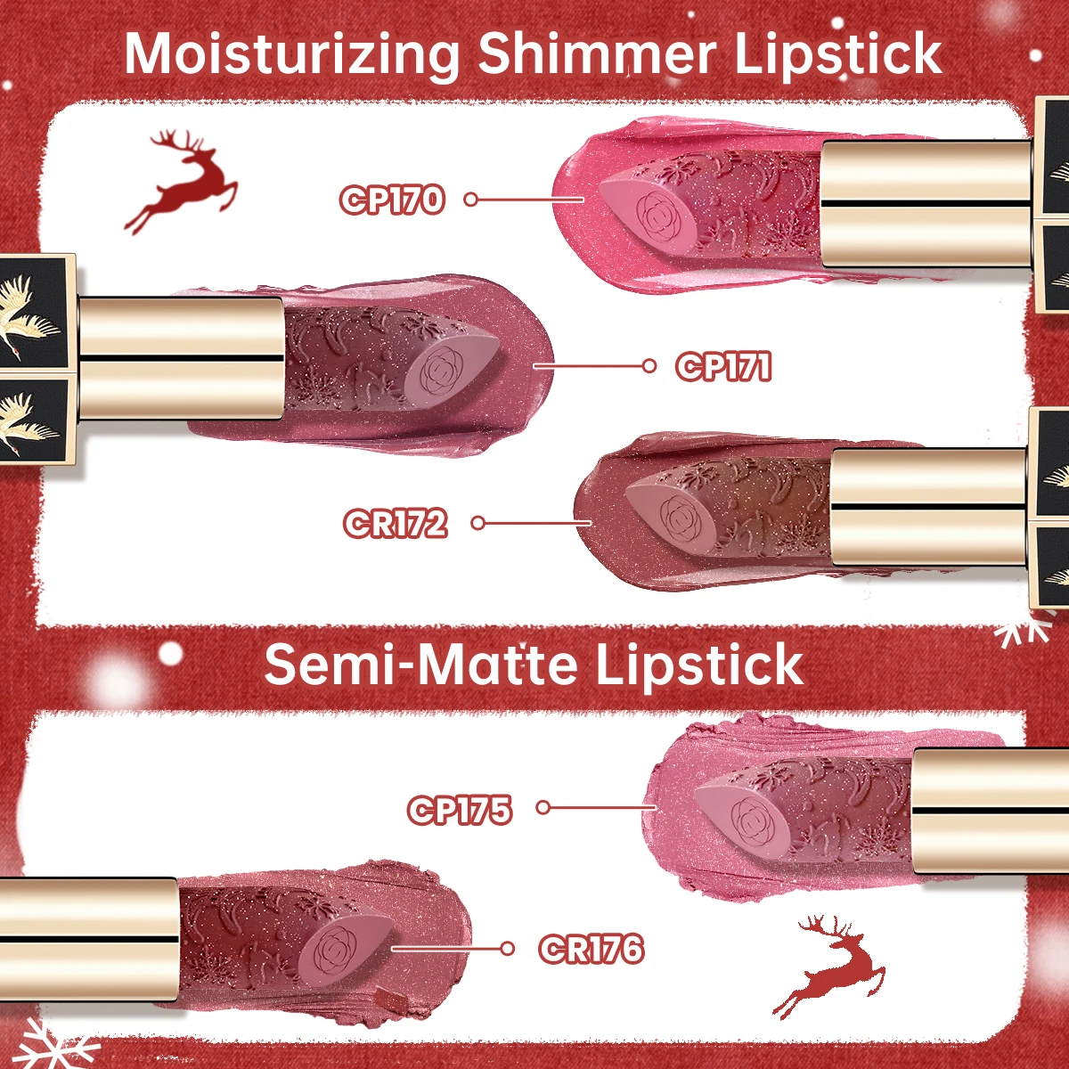 CATKIN Świąteczna edycja limitowana, noworoczna pomadka do ust CATKIN nawilżająca z złotymi błyskami, odcień CP170 Crimson pink, 3,6 g