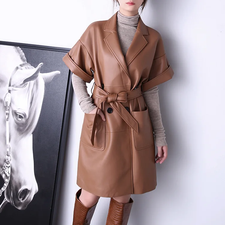 

2023 Autumn New Style Lapel Genuine Leather Sheepskin Short Sleeved Mid Length Waistband Shows a Slim and Casual Style Trench Co