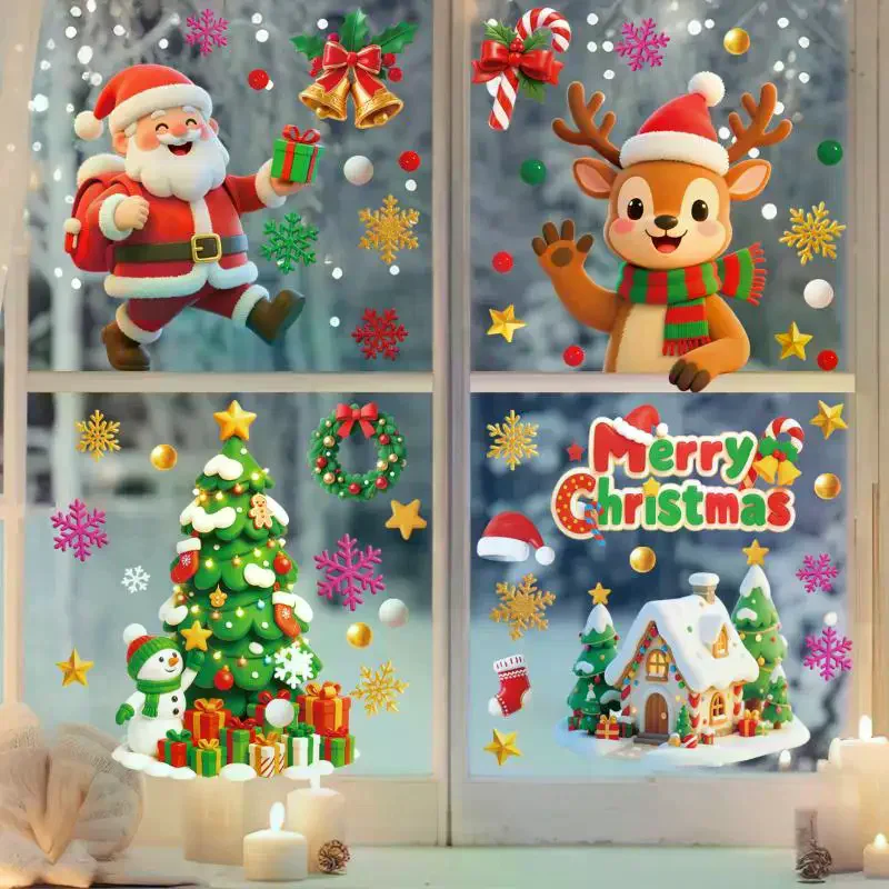 สติ๊กเกอร์ติดกระจกคริสต์มาส ลายซานต้า มนุษย์หิมะ กวางเรนเดียร์ สุขสันต์วันคริสต์มาส ลายวินเทอร์วันเดอร์แลนด์